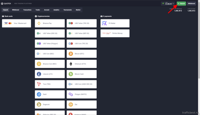 Пополнение торгового счета на платформе брокера Quotex