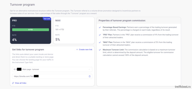 Turnover Share в партнерской программе Binolla