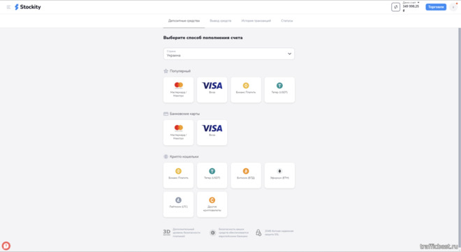 способы пополнения торгового счета у брокера Stockity