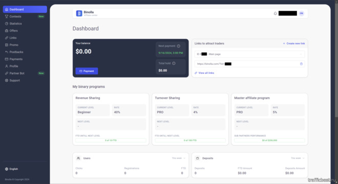 главная страница партнерская программа брокера Binolla
