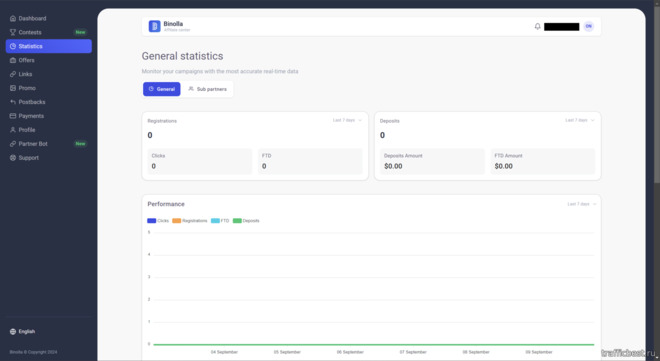 статистика работы в партнерской программе Binolla
